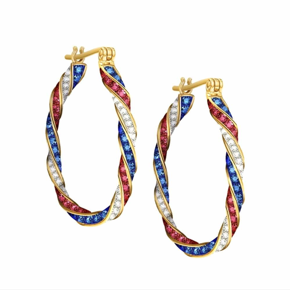 2/$100 Danbury Mint America The Beautiful Crystal Hoop Earrings Gold 1-Inch 🎁
